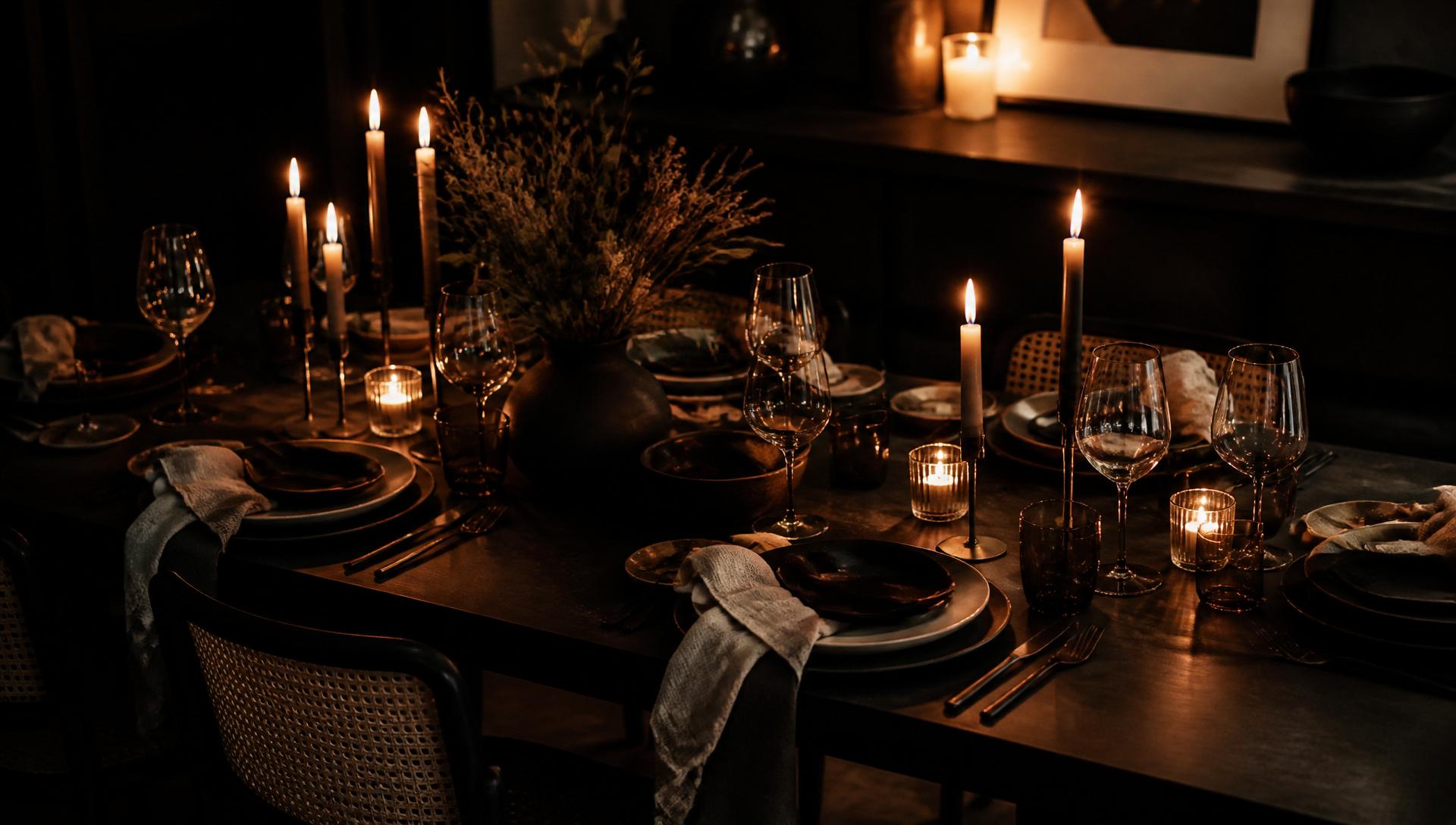 Candlelit dining table set at home